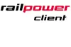 Logo railpower client<br/>Textinsert: weißer Hintergrund, Schriftzug railpower client in schwarz und rot