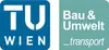 Logo TU Wien<br/>Textinsert: grauer Hintergrund, blauer Würfel mit abgerundeten Kanten und in weiß TU Wien, daneben türkiser Würfen und in weiß Bau & Umwelt _transport