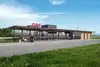 Bild Visualisierung Bahnhof Katzelsdorf<br/>Textinsert: Haltestelle mit Mofafahrer und parkendem Mofa und Fahrradabstellplatz 