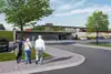 Bild Visualisierung Bahnhof Loipersbach<br/>Textinsert: Bahnhofsgebäude mit Straße Menschen und parkenden Autos im Vordergrund