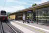 Bild Visualisierung Marz Rohrbach<br/>Textinsert: Bahnsteig mit Personen und einfahrenden Zug