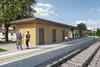 Bild Visualisierung Bahnhof Mattersburg<br/>Textinsert: Haltestelle Mattersburg mit Personen am Bahnsteig