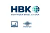 Logo HBK - Hottinger Brüel & Kjaer<br/>Text insert: white background, blue HBK, gray-turquoise-blue icon, blue Hottinger Brüel & Kjaer, with two blue icons below