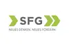 SFG logo, New thinking. New support.<br/>Text insert: white background, green icons, gray SFG, underneath gray New thinking. New support.