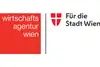Logo Vienna Business Agency, For the City of Vienna<br/>Text insert: white background, red square with white lettering “wirtschafts agentur wien,” black vertical line, Vienna coat of arms, and in black “For the City of Vienna”