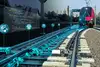 Sujet Digitalisierung Zug<br/>Textinsert: Schienen und Lok, teilweise blau eingefärbt