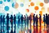 Menschen im Gespräch bei Networking-Event, mit grafischer Darstellung eines Netzwerkes aus Strichen und Punkten im oberen Drittel des Bildes