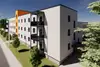 Textinsert: Bild Linz, Raimundstraße, Außenansicht Wohnbau, mit Balkonen, Grünfläche und Bäumen