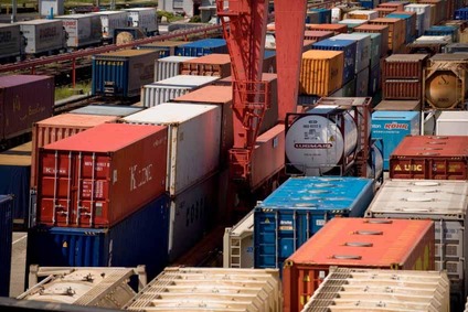 Close-up view of colourful containers