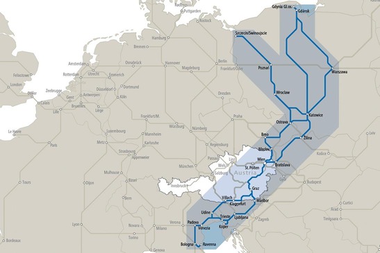 Schematische Darstellung des baltisch-adriatischen Korridors auf einer Europakarte