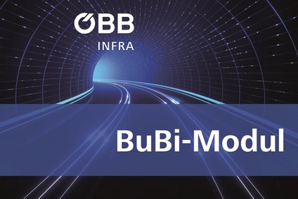 Teaser image with a tunnel with rail track and text Bubi-Modul