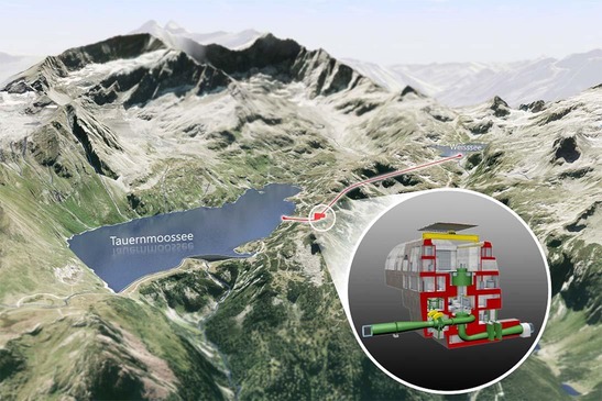 Visualisierung Tauernmoos - Blick auf See und Darstellung der Kaverne im Querschnitt