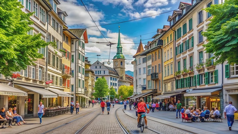 Zu den Sehenswürdigkeiten in Zürich gehört die Bahnhofstraße. Am Bild zu sehen die Straße an einem Sommertag mit flanierenden Menschen. 