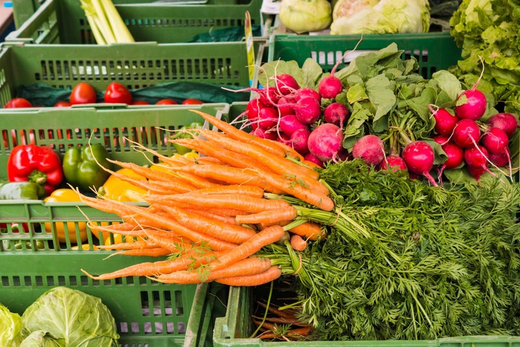 Ein Besuch am Schranne-Bauernmarkt gehört zu Salzburg Geheimtipps. Auf dem Bild sieht man verschiedene Gemüsesorten in einem Marktstand. 