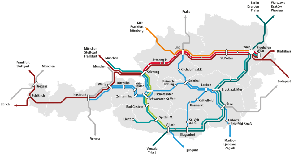 Streckenkarte Verbindungen in Österreich