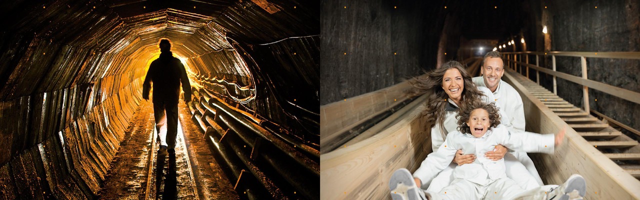 Links ein Mann im Stolle im Bergwerk; rechts eine Familie auf einer Rutsche im Bergwerk