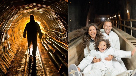 Links Mann in einem Stollen im Bergwerk; rechts Familie auf einer Rutsche im Bergwerk