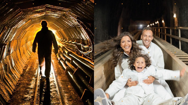 links ein Mann im Stolle im Bergwerk; rechts eine Familie auf einer Rutsche im Bergwerk