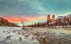 View of Munich in winter from the Isar River