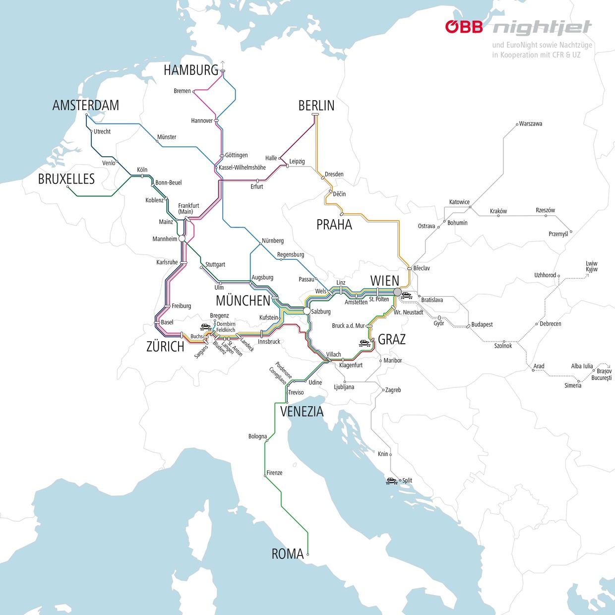 ÖBB Nightjet Streckennetz-Europa