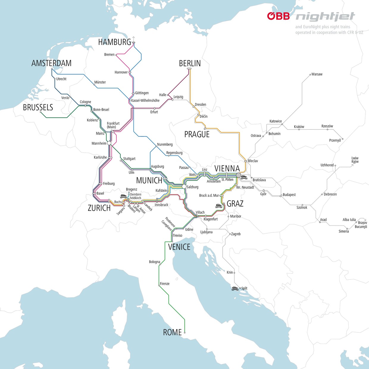 Réseau de lignes ÖBB Nightjet Europe
