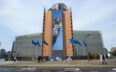 The new banner NextGenerationEU on the front of the Berlaymont building