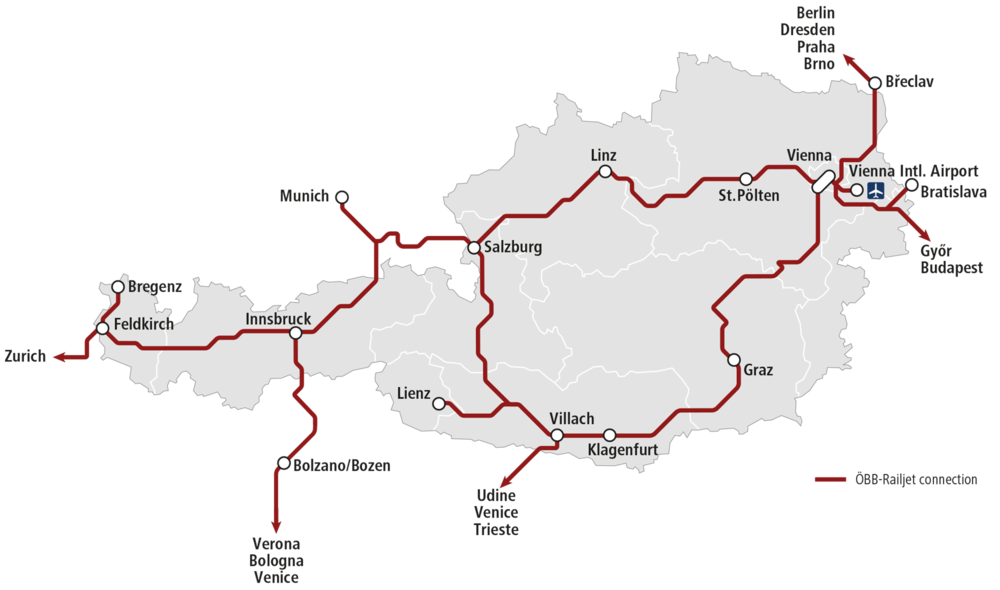 Overview rail network ÖBB Railjet