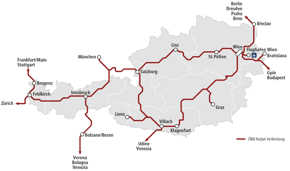 Übersicht des Liniennetzes des ÖBB Railjet