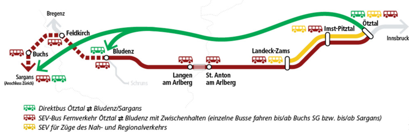 © ÖBB / heiderklausner Übersichtsplan der SEV-Busse während der Arlbergsperre
