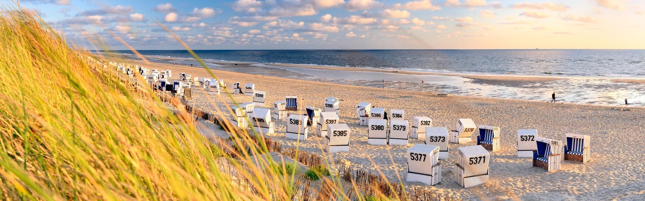 Strandkörbe stehen an einem Sandstrand in der Nähe von Dünen an der Nordsee auf Sylt