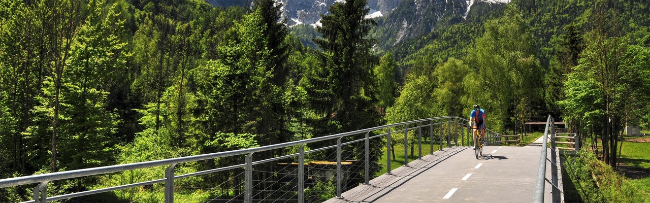 Radfahrer auf Fahrradweg auf Brücke