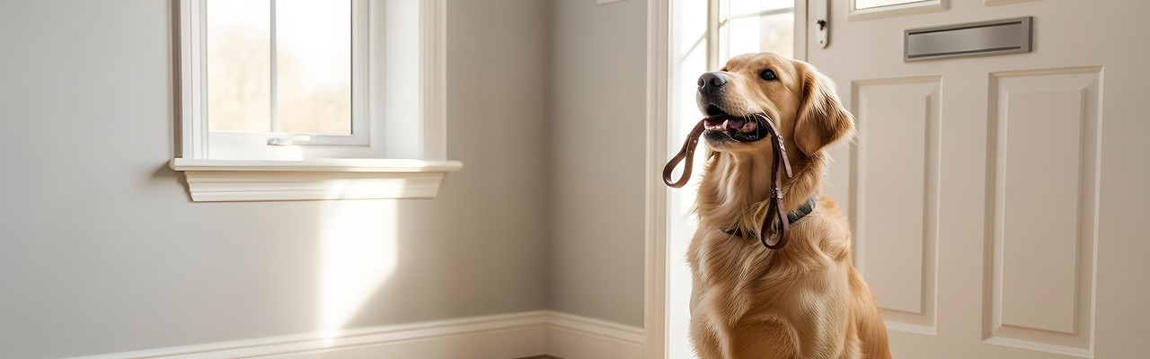 Dog with a leash in its mouth