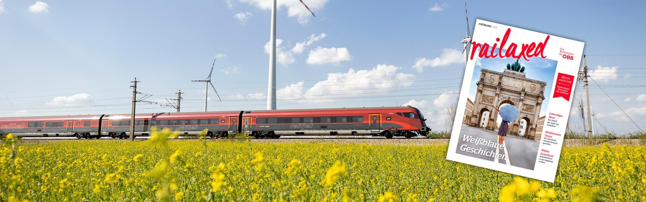 Railaxed Magazin mit Railjet im Hintergrund