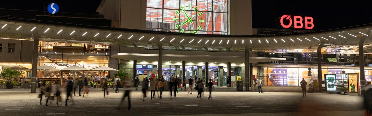 Forecourt of Graz Central Station at night
