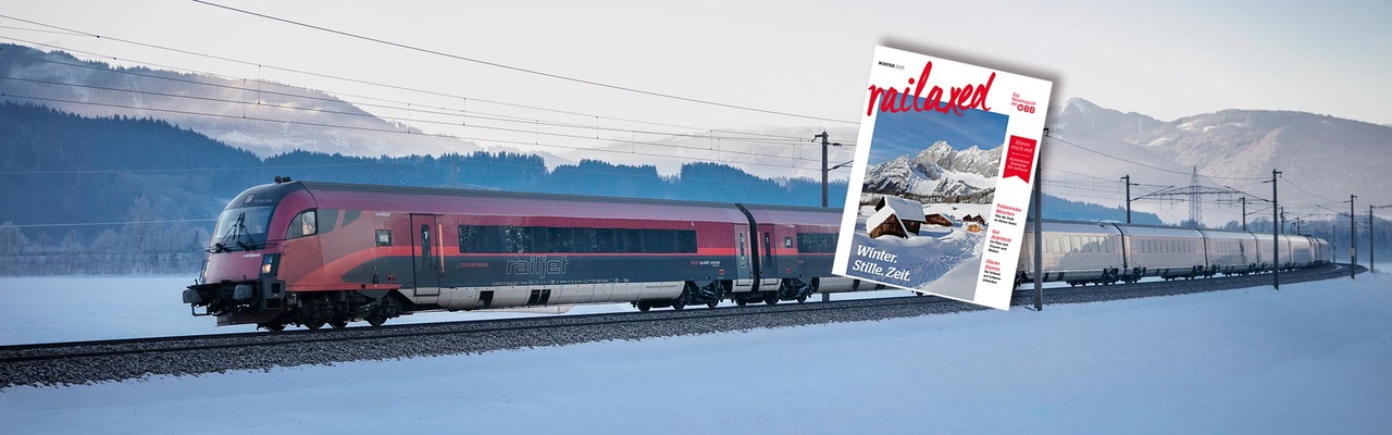 Railaxed Magazin mit Railjet im Hintergrund