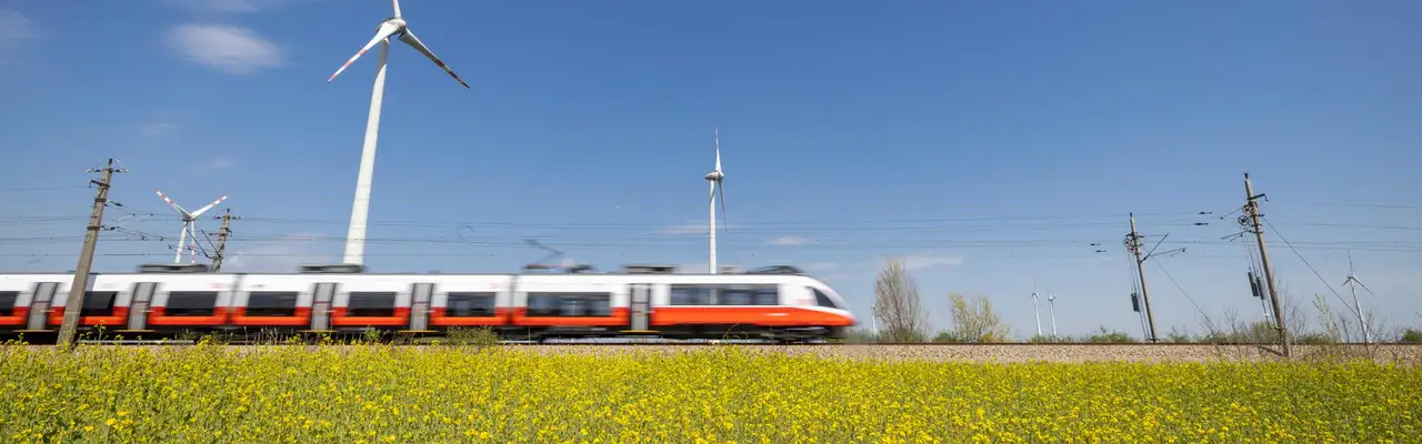 Talent fährt durch Graslandschaft mit Windkraftwerk im Hintergrund