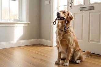 Hund mit Leine im Maul
