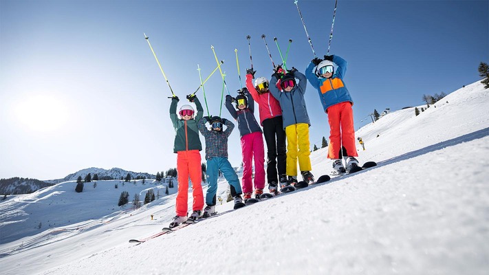 Skifahrer auf Piste vor Bergpanorama