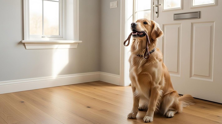 Dog with a leash in its mouth