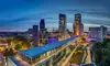 City-West am Abend, im Vordergrund das rekonstruierte Ensemble des "Bikini-Berlin", gesehen vom Hotel 25Hours
