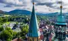 Panoramablick über die Altstadt von Goslar mit roten Ziegeldächern, historischen Gebäuden und markanten Kirchtürmen vor der bewaldeten Mittelgebirgslandschaft des Harzes