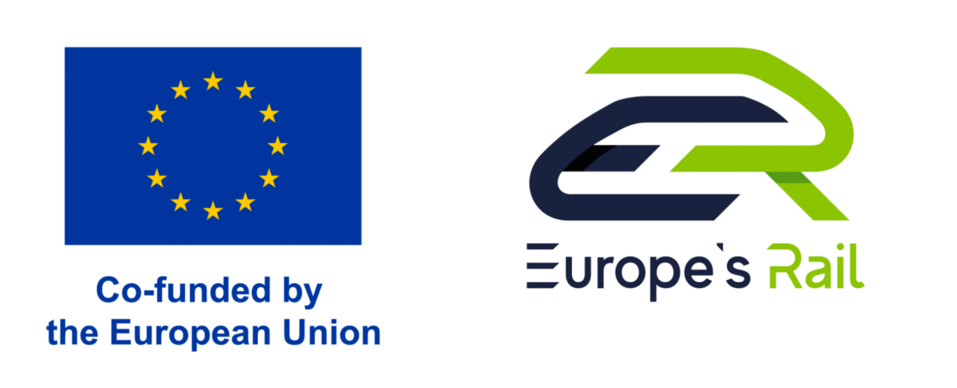 EU flag with “Co-funded by the European Union” and the Europe’s Rail logo