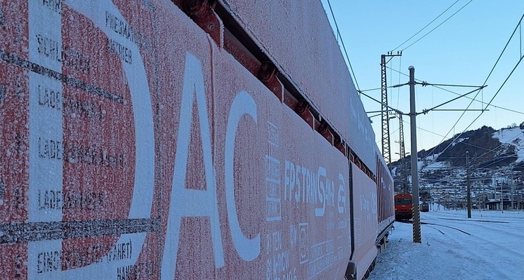 Freight wagon with Digital Automatic Coupling (DAC) during winter testing in snow