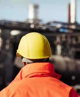 Arbeiter mit gelbem Schutzhelm und orangefarbener Sicherheitsjacke an einem Industriestandort