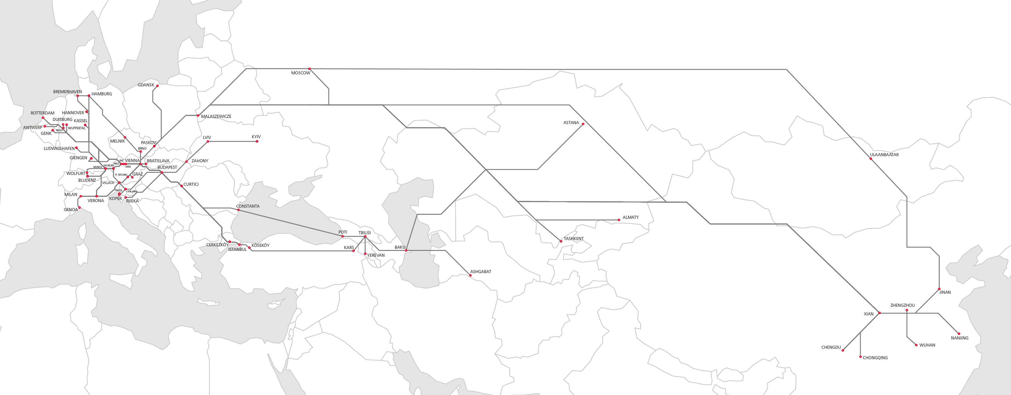 Eurasian map showing Rail Cargo Group’s China–Europe rail connections as an alternative to sea freight.
