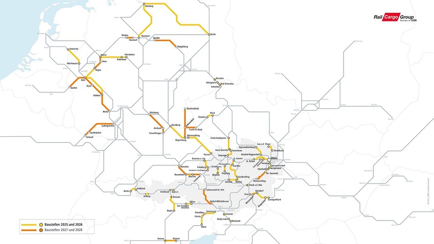 Rail Cargo Group map showing railway construction sites from 2025 to 2028.