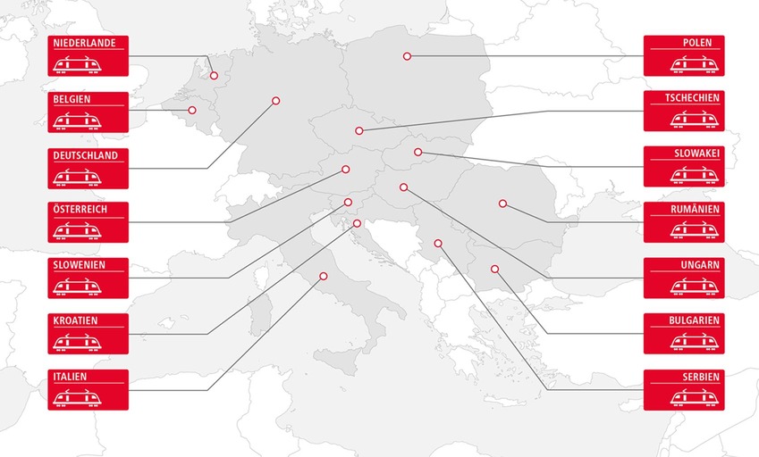Karte des Eigentraktionsnetzes der Rail Cargo Group in 13 europäischen Ländern auf Deutsch.