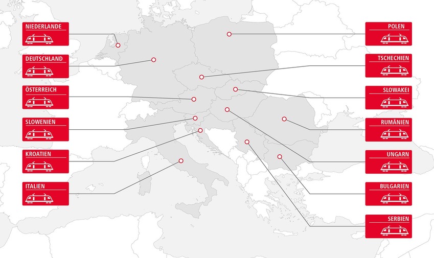 Map showing Rail Cargo Group's own traction network in 13 European countries in German.