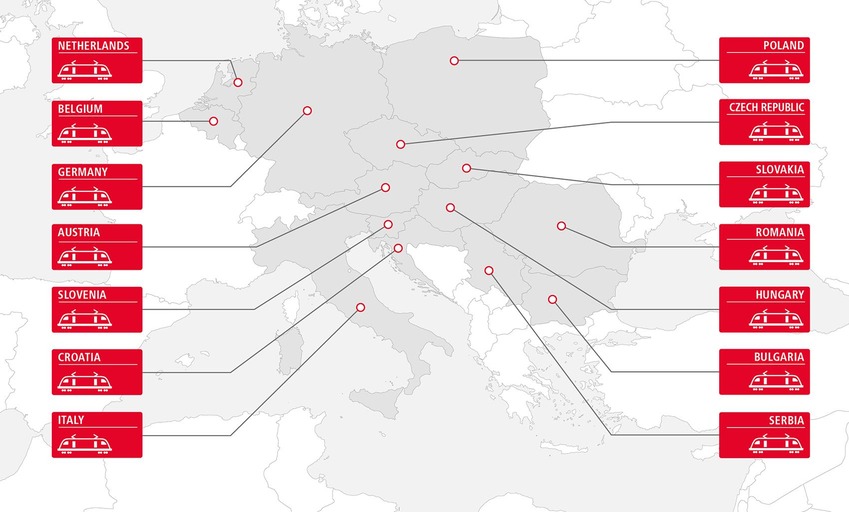 Map showing Rail Cargo Group's own traction network in 13 European countries in English.