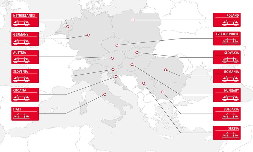 Map showing Rail Cargo Group's own traction network in 13 European countries in English.